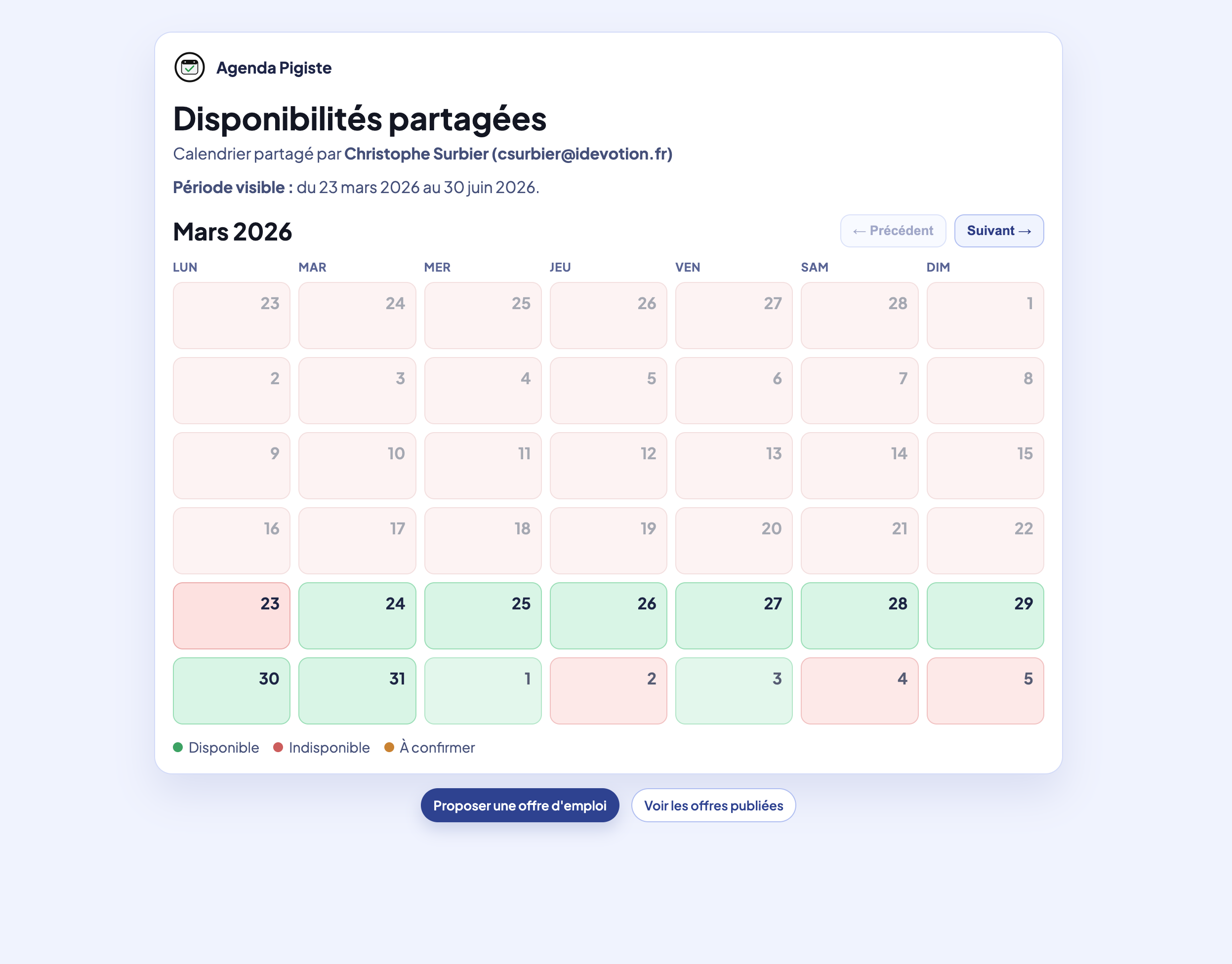 Capture du rendu public du calendrier partagé